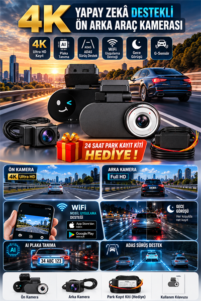 4K Yapay Zekâ Destekli Ön Arka Araç Kamerası + 24 Saat Park Kayıt Kiti Hediye, WiFi, Gece Görüşü