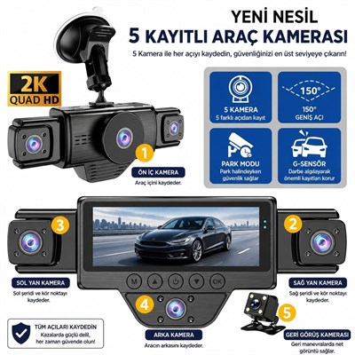 5 Kameralı N89 Araç İçi Kamera 2K Quad HD Ön İç Arka Yan Kameralı WiFi Gece Görüşlü G-Sensör 150° Geniş Açı Araç Kayıt Kamerası