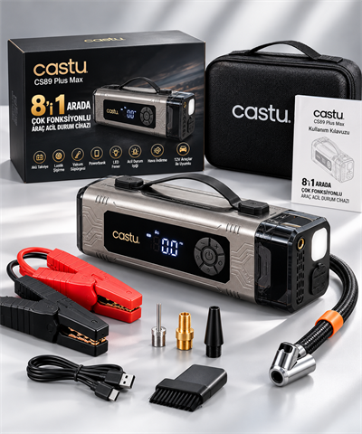 8'i 1 Arada Araç Takviye Cihazı 2000A – 18.000 mAh Akü Takviye, Lastik Şişirme Kompresörü, Vakum Süpürgesi ve Powerbank