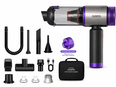 AUHMA AHV-27 22.000Pa Kablosuz Araç İçi El Süpürgesi 220W Güçlü Motor 9.000mAh Şarjlı Hava Üfleyici Araç & Ev Temizlik Süpürgesi Mor