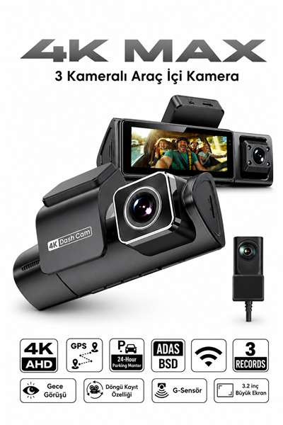 Bagajon 3 Kameralı Yapay Zekâ Destekli 4K Araç İçi Kamera | Ön İç Arka Kamera WiFi GPS ADAS 24 Saat Park Modu Gece Görüşlü