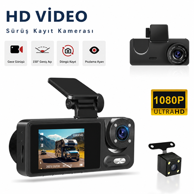 Bagajon C309 3 Kameralı Araç İçi Kamera Full HD 1080P Ön İç Arka Kamera Gece Görüşlü 150° Geniş Açı G-Sensör Döngü Kayıt Dash Cam