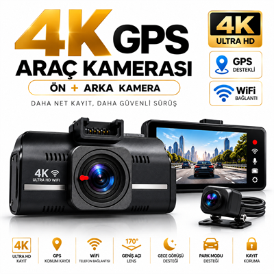 Bagajon Ryan Yapay Zeka Destekli 4K 3 Kameralı Araç Kamerası – Ön + İç + Arka Kayıt, WiFi, 24 Saat Park Kayıt Kiti Hediye