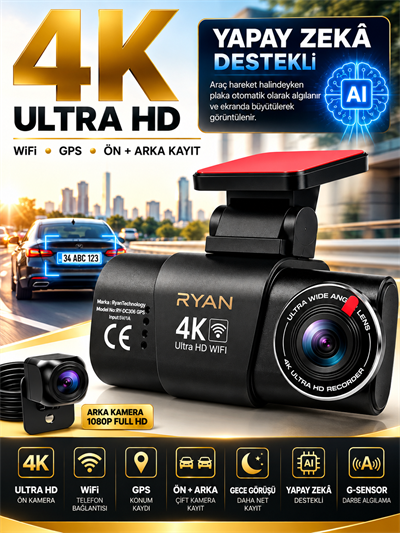 Bagajon Ryan Yapay Zeka Destekli 4K Ön 1080P Arka Araç Kamerası – WiFi GPS, Gece Görüşü, G-Sensor, Park Kiti Hediye