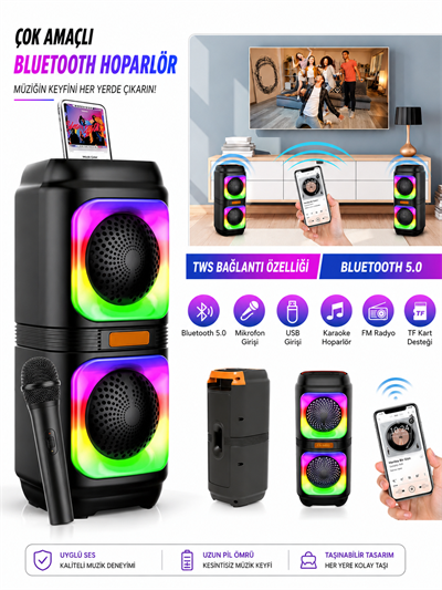 Blic BLS-48 Şarjlı Taşınabilir Bluetooth Hoparlör – Extra Bass, RGB Disko Işıkları, Mikrofonlu