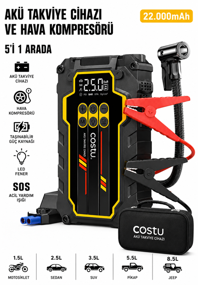 Castu Cs80 Plus Max Akü Takviye Cihazı 22.000 mAh | 4'ü 1 Arada Powerbank, Hava Kompresörü, LCD Ekran,150PSI