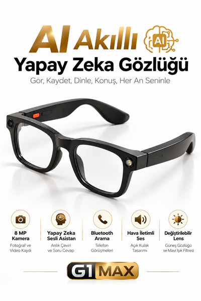 G1 Max Akıllı Gözlük 8 MP Kamera, Yapay Zekâ Destekli Dil Çeviri, Takılabilir Şarj Modülü, Bluetooth ve 3 Değiştirilebilir Lens