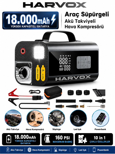 Harvox Süpürgeli Jump Starter Akü Takviye Cihazı 18.000MAH 10 in 1 Powerbank, Hava Kompresörü, LCD EKRAN,
