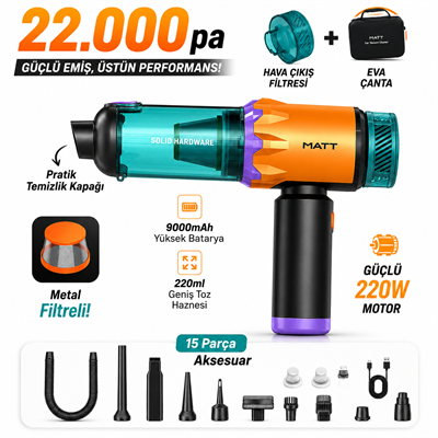 MATT MCV22 9000mAh Güçlü Bataryalı Araç Süpürgesi 22.000Pa Kablosuz Şarjlı El Tipi 220W Vakum & Üfleme Sarı