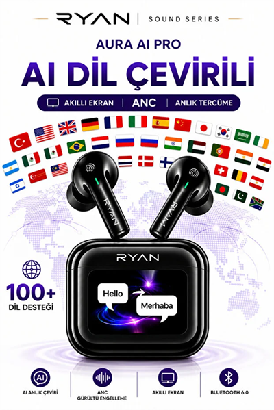 Ryan Aura AI Pro Yapay Zeka Destekli Çeviri Kulaklığı – 100+ Dil Anlık Çeviri, Akıllı Ekran, ANC, Bluetooth 6.0