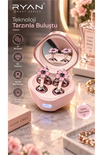 Ryan Dil Çevirili Kablosuz Bluetooth 5.3 Kulaklık ANC Gürültü Engelleme Açık Kulak Tasarım Charm Aksesuarlı – Pembe
