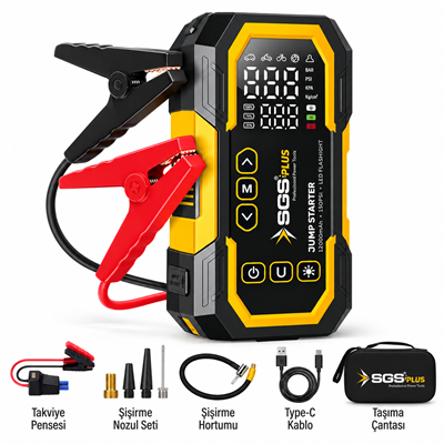 SGS Plus SGS5399 4'ü 1 Arada Akım Korumalı Akü Takviye Cihazı – 12.000 mAh Powerbank, 150 PSI Lastik Şişirme, LED Fener