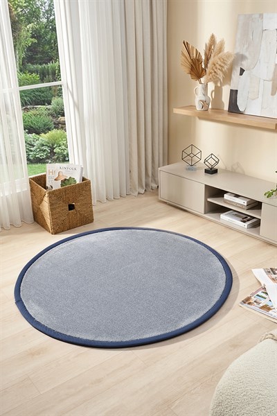 Bali Serisi Bordürlü Yuvarlak Halı Gri Lacivert Süet Kenarlı Mikrofiber Yumuşak Salon Halısı