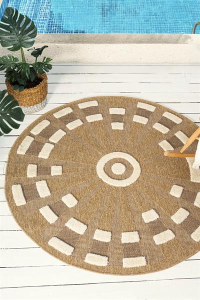 Yuvarlak Jüt Halı – Kabartma Nokta ve Işın Desenli Doğal Halı