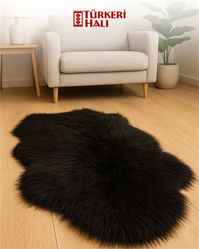 Peluche Siyah Kuzu Post Halı – Ekstra Yumuşak Kaymaz Tabanlı Peluş Post