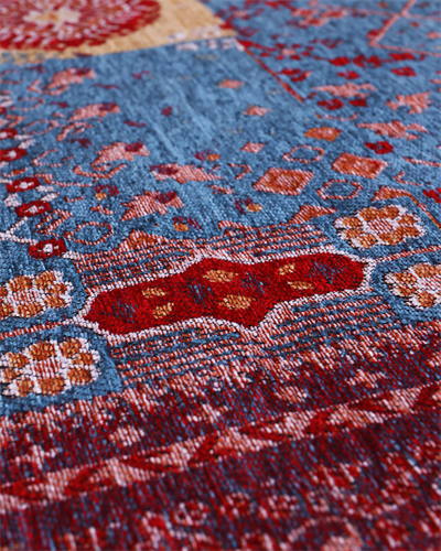 Etnik Mavi Patchwork Halı Geleneksel Desenli Canlı Renkli Bohem Stil Pamuk Taban Kaymaz Yapı Toz Tutmayan Makine Dokuma Özel Ölçü Seçenekli