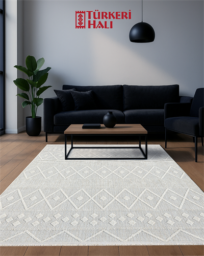 Loopy Gri Etnik Desenli Halı Modern Bohem Stil Pamuk Tabanlı Kaymaz Yüzey Toz Tutmayan Yapı Özel Ölçü Makine Dokuma