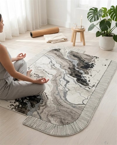 Modern Krem Gri Salon Halısı Mermer Desenli Luxora LX005