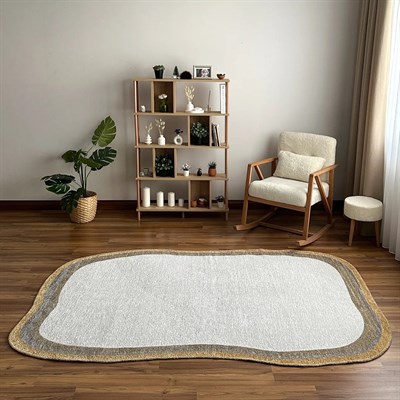 Bej Gri Hardal Organik Kesim Amorf Halı – Modern Salon ve Oturma Odası Halısı