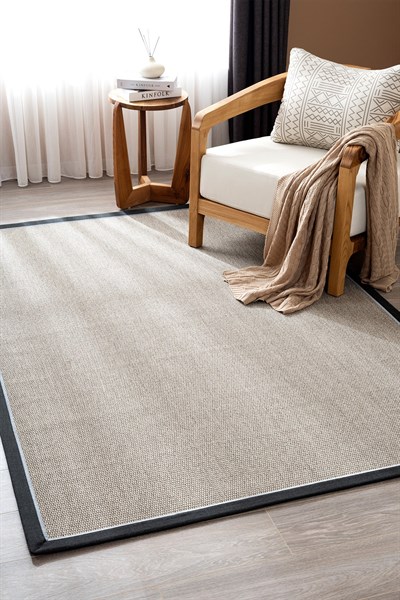 Bej Jüt Siyah ve Mavi Bördürlü Dokuma Tabanlı Sisal Halı | Modern Dekoratif Halı