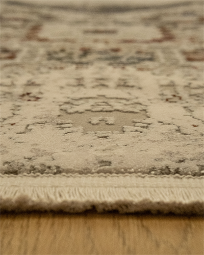 Memlük Krem Gri Vintage Desenli Halı Etnik Orta Motifli Eskitme Desen Bambu İplikli Özel Tezgah Halısı