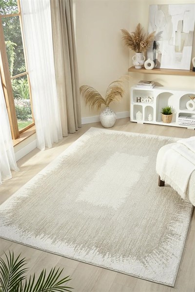 Pearl - Glow Eskitme Çerçeveli Açık Krem Modern Salon ve Odası Halısı