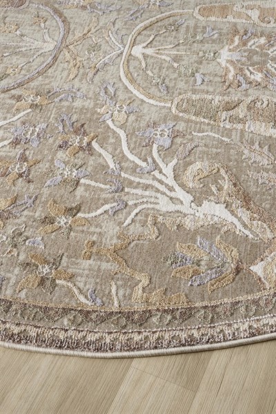 Klasik Vintage Desenli Yuvarlak Halı – Bej Krem Salon Halısı