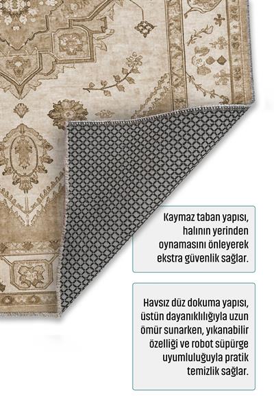 Açık Bej Klasik Medalyonlu Kaymaz Taban Yıkanabilir Pamuk Tabanlı Düz Dokuma Salon Halısı