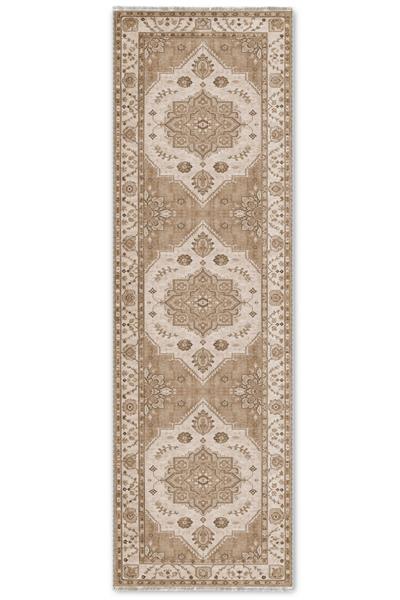 Açık Bej Klasik Medalyonlu Kaymaz Taban Yıkanabilir Pamuk Tabanlı Düz Dokuma Salon Halısı