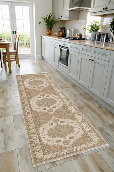 Açık Bej Klasik Medalyonlu Kaymaz Taban Yıkanabilir Pamuk Tabanlı Düz Dokuma Salon Halısı