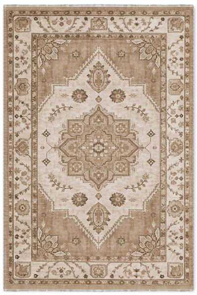 Açık Bej Klasik Medalyonlu Kaymaz Taban Yıkanabilir Pamuk Tabanlı Düz Dokuma Salon Halısı