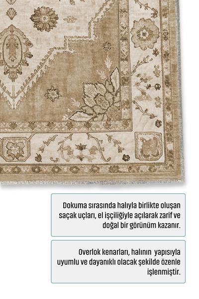 Açık Bej Klasik Medalyonlu Kaymaz Taban Yıkanabilir Pamuk Tabanlı Düz Dokuma Salon Halısı