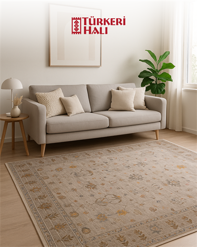 7-24 Krem Vintage Halı Zamansız Çiçek Desenli Modern ve Antibakteriyel