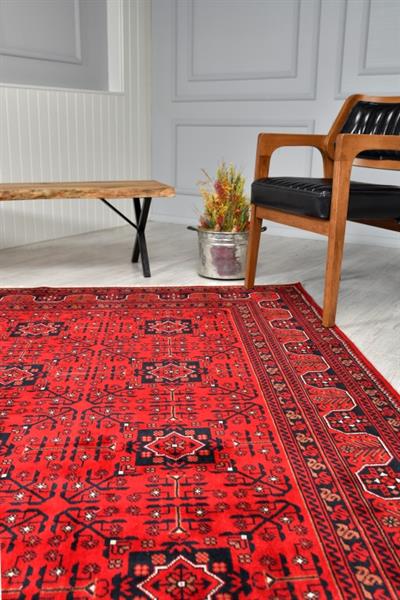Bambos Plus 901 Kırmızı Yün Ve Bambu Ile Özel Tezgahlarda Üretilen Afgan Halısı Desenli