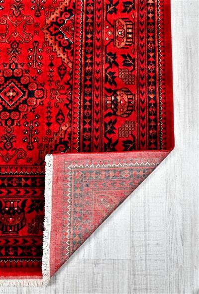 Bambos Plus 902 Kırmızı Yün Ve Bambu Ile Özel Tezgahlarda Üretilen Afgan Halısı Desenli