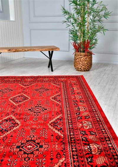 Bambos Plus 902 Kırmızı Yün Ve Bambu Ile Özel Tezgahlarda Üretilen Afgan Halısı Desenli