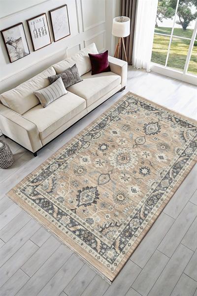 Bej Gri Geleneksel Motifli Kaymaz Taban Yıkanabilir Pamuk Tabanlı Düz Dokuma Salon Halısı