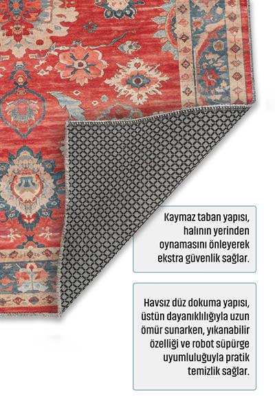 Bordo Geleneksel Motifli Kaymaz Taban Yıkanabilir Halı 
