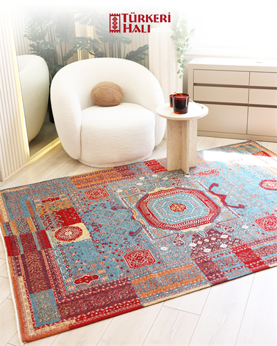 Etnik Mavi Patchwork Halı Geleneksel Desenli Canlı Renkli Bohem Stil Pamuk Taban Kaymaz Yapı Toz Tutmayan Makine Dokuma Özel Ölçü Seçenekli