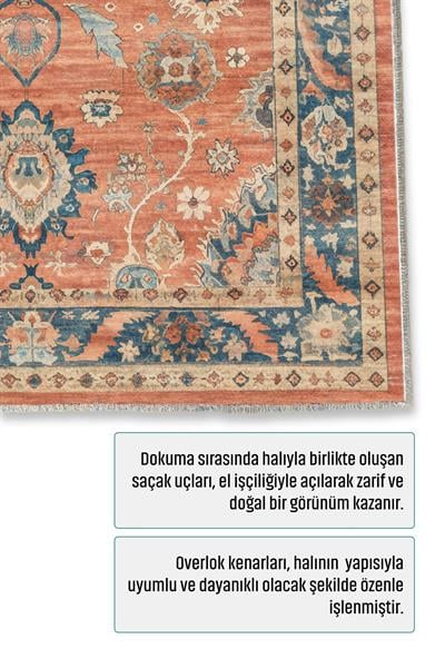 Kiremit Geleneksel Motifli Kaymaz Taban Yıkanabilir Pamuk Tabanlı Düz Dokuma Salon Halısı