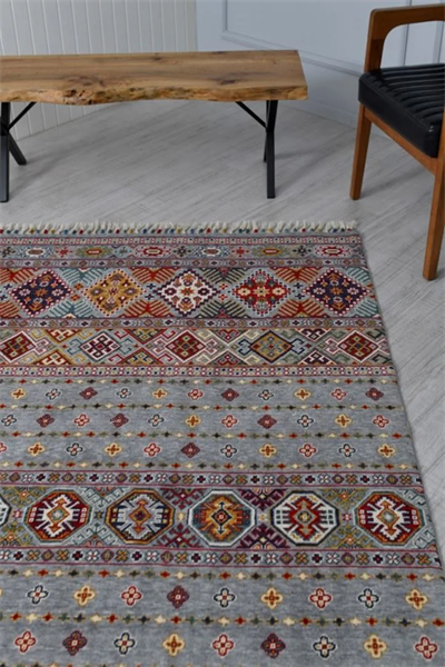 Sultani 806 Gri Yün Halı | Etnik Desen Modern Klasik Salon Halısı