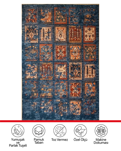 Twist Lacivert Patchwork Halı  Etnik Motifli Kiremit ve Krem Detaylı Pamuk Taban