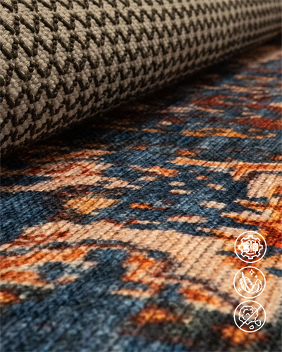 Twist Lacivert Patchwork Halı  Etnik Motifli Kiremit ve Krem Detaylı Pamuk Taban