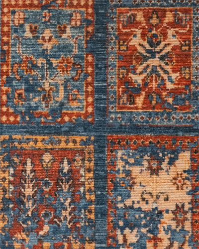 Twist Lacivert Patchwork Halı  Etnik Motifli Kiremit ve Krem Detaylı Pamuk Taban
