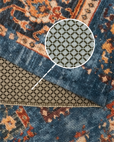 Twist Lacivert Patchwork Halı  Etnik Motifli Kiremit ve Krem Detaylı Pamuk Taban