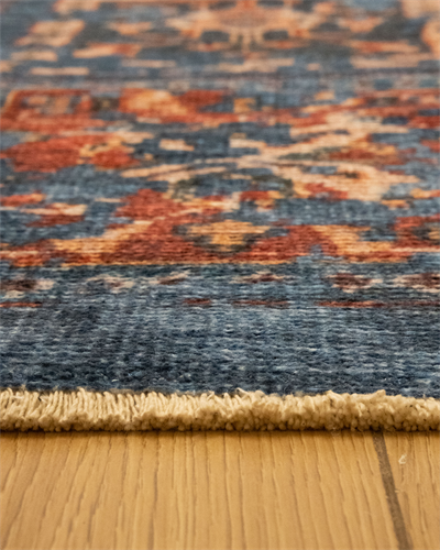 Twist Lacivert Patchwork Halı  Etnik Motifli Kiremit ve Krem Detaylı Pamuk Taban