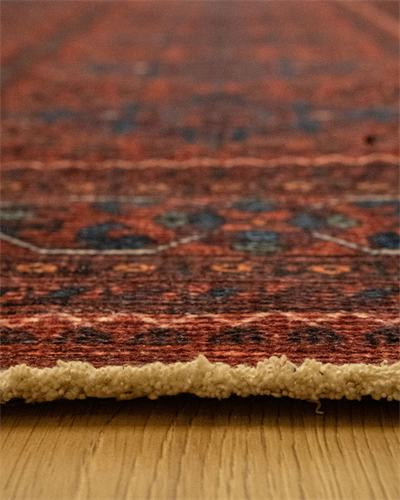 Twist Koyu Bordo Halı  Geleneksel Geometrik Motifli Lacivert Detaylı Pamuk Tabanlı Makine Dokuması