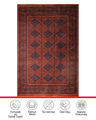 Twist Koyu Bordo Halı  Geleneksel Geometrik Motifli Lacivert Detaylı Pamuk Tabanlı Makine Dokuması
