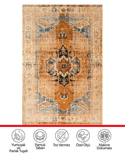 Twist Turuncu Halı  Klasik Orta Motifli Etnik Desenli Yumuşak Dokulu