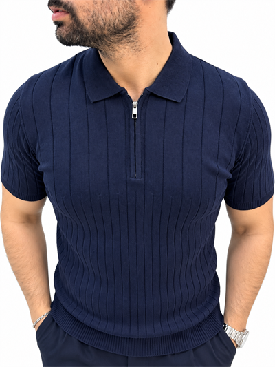 % 100 Pamuk Fermuarlı Triko T-shirt - Lacivert